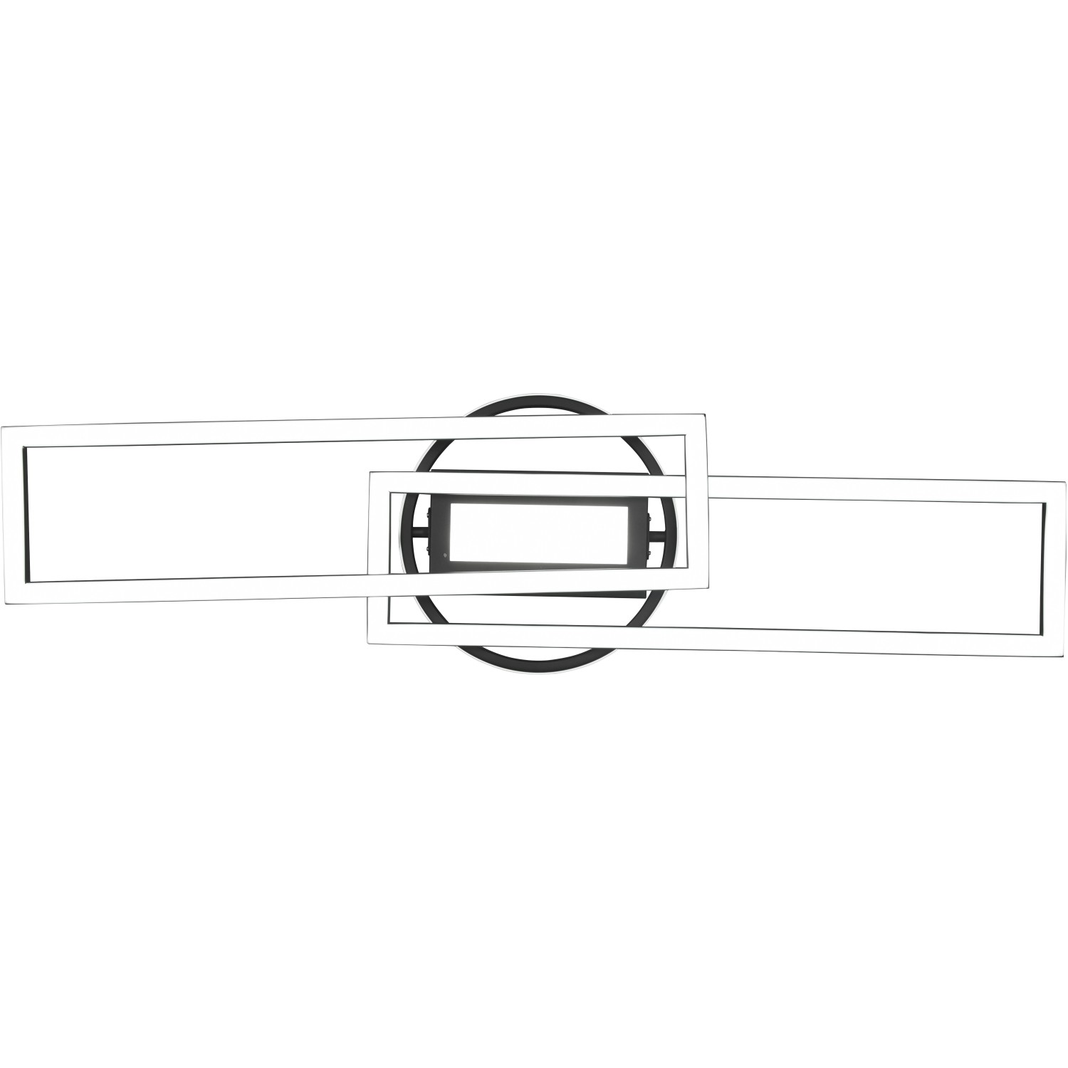 Moderne, schwarze LED Deckenleuchte Twister mit rechteckigen und runden Elementen.