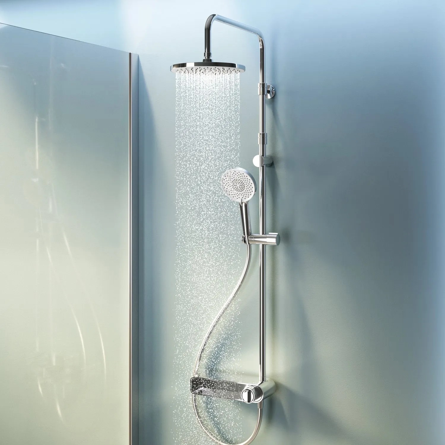 AM.PM Duschsystem X-Joy Chrom mit Kopf- und Handbrause, Regalmischer und Wannenarmatur.