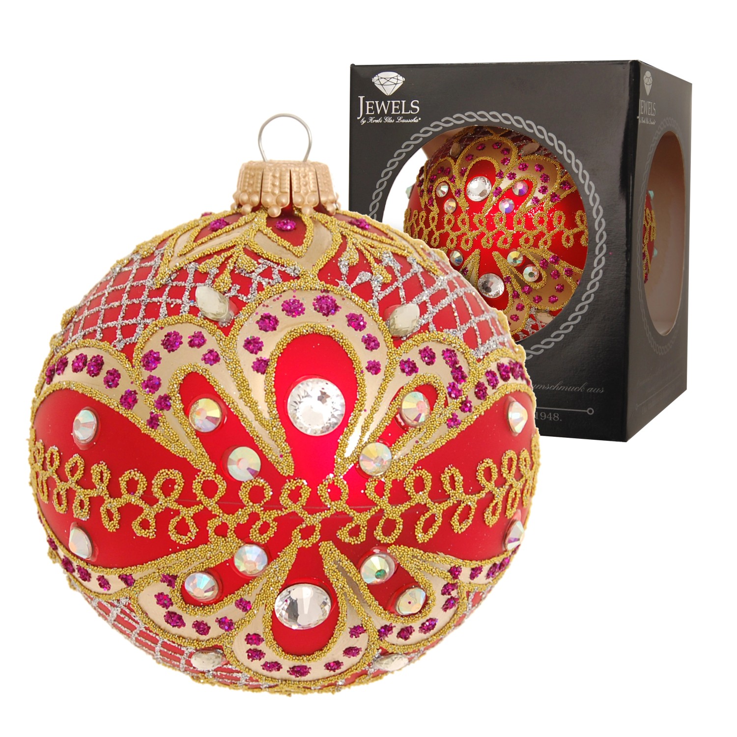 Krebs Glas Lauscha Weihnachtskugeln Jewels Rot mit Steinen 1-tlg. 8cm