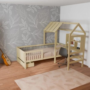 Juskys Kinderbett Yari (90x200 cm) in Natur mit integriertem Schreibtisch und Schublade.