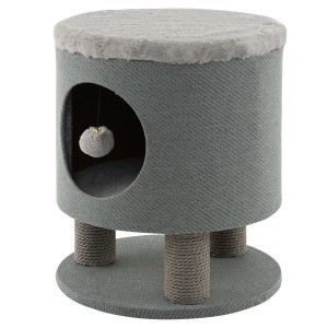 Grauer Katzenkratzbaum mit Höhle, Seil-Kratzstämmen, weichem Sitzkissen & Hocker. Katzenmöbel für Spiel & Ruhe.