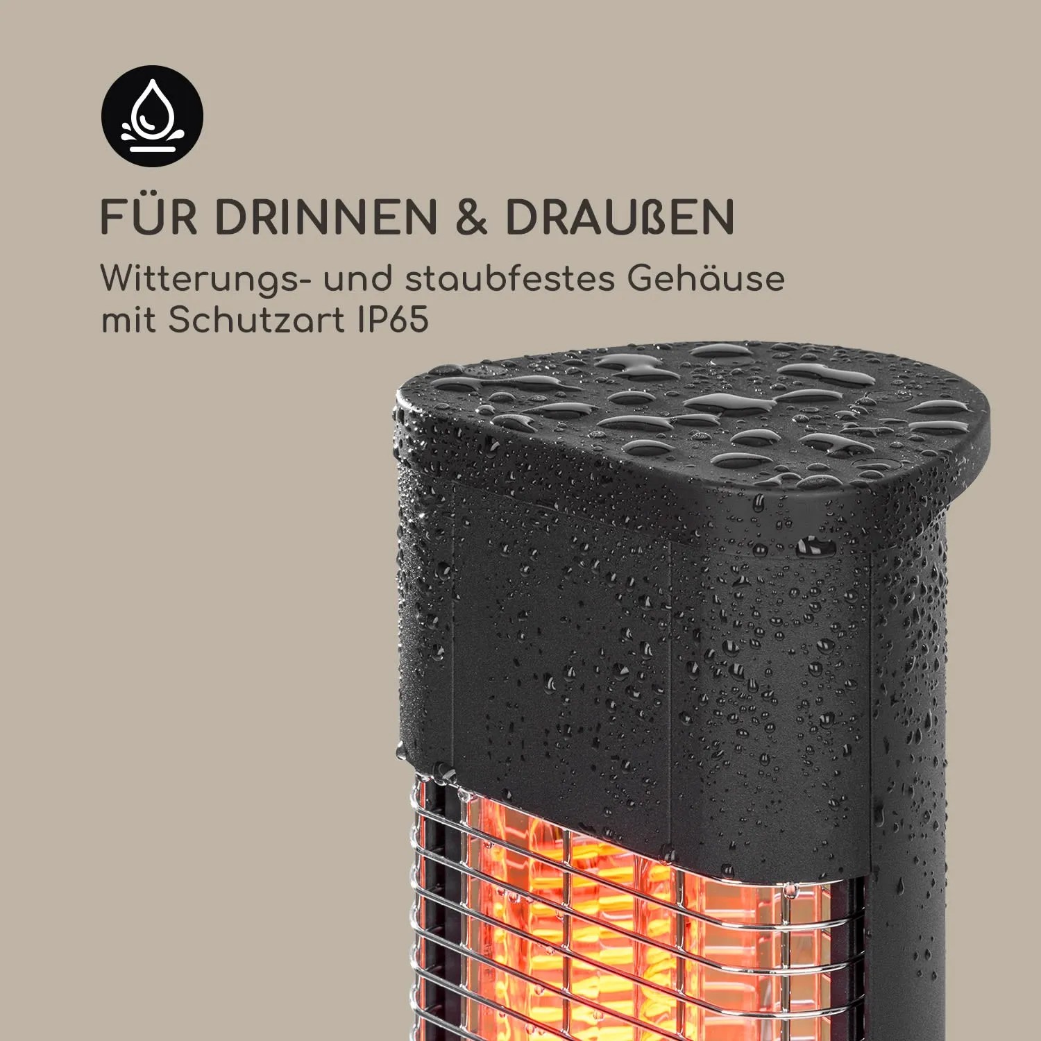 Detailaufnahme des schwarzen Blumfeldt Heat Guru Plus Heizstrahlers mit Wasserperlen auf dem Gehäuse.