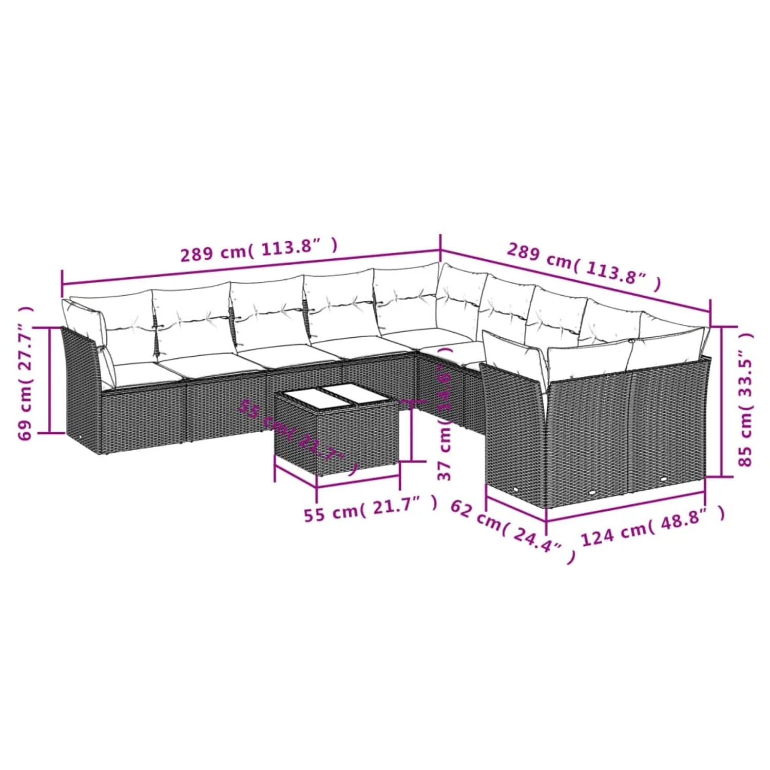 Graue 11-tlg. vidaXL Garten-Sofagarnitur aus Polyrattan mit Kissen und Tisch, Maße eingezeichnet.