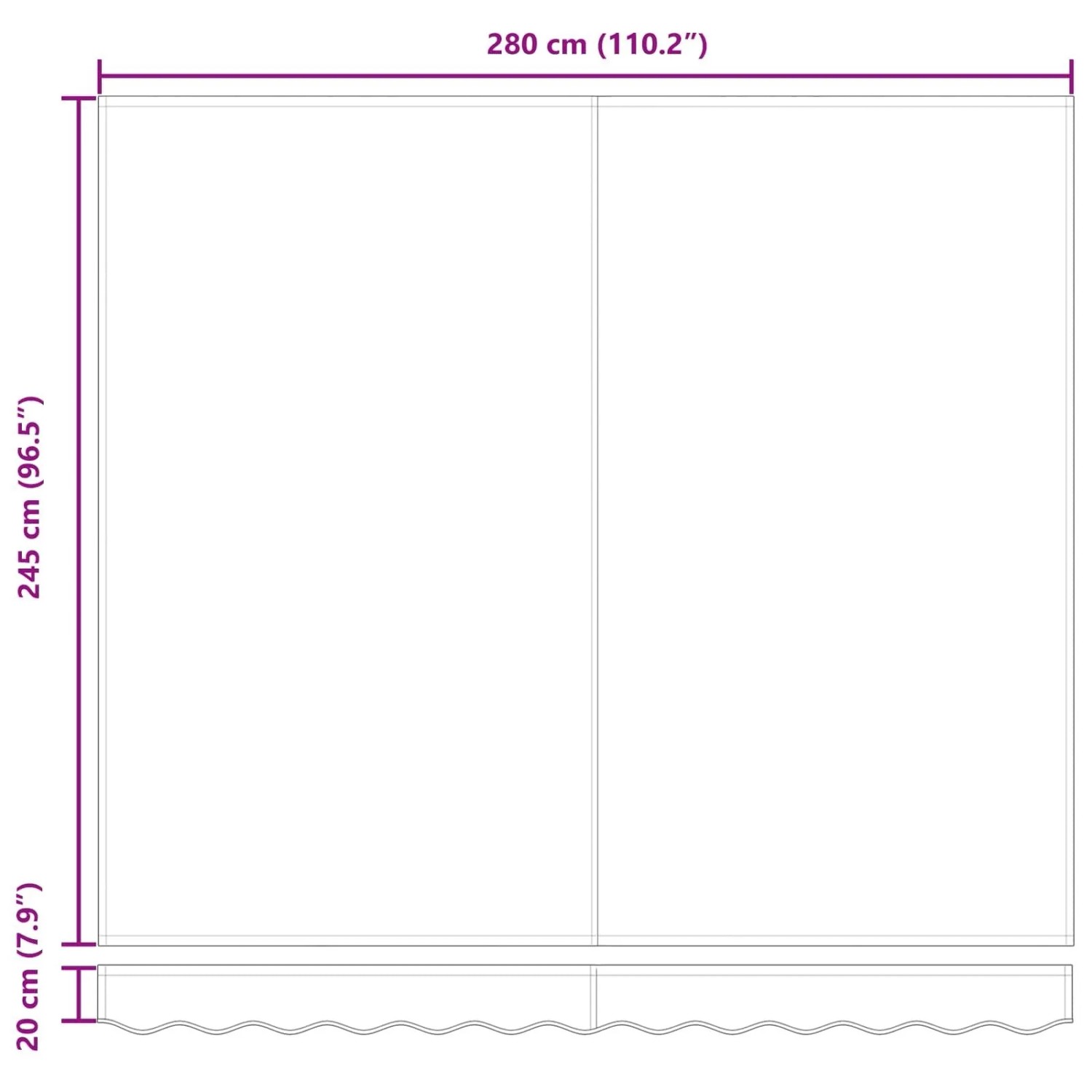Technische Zeichnung der vidaXL Einziehbaren Markise. Maße: Breite 280 cm, Höhe 245 cm, Volant 20 cm.