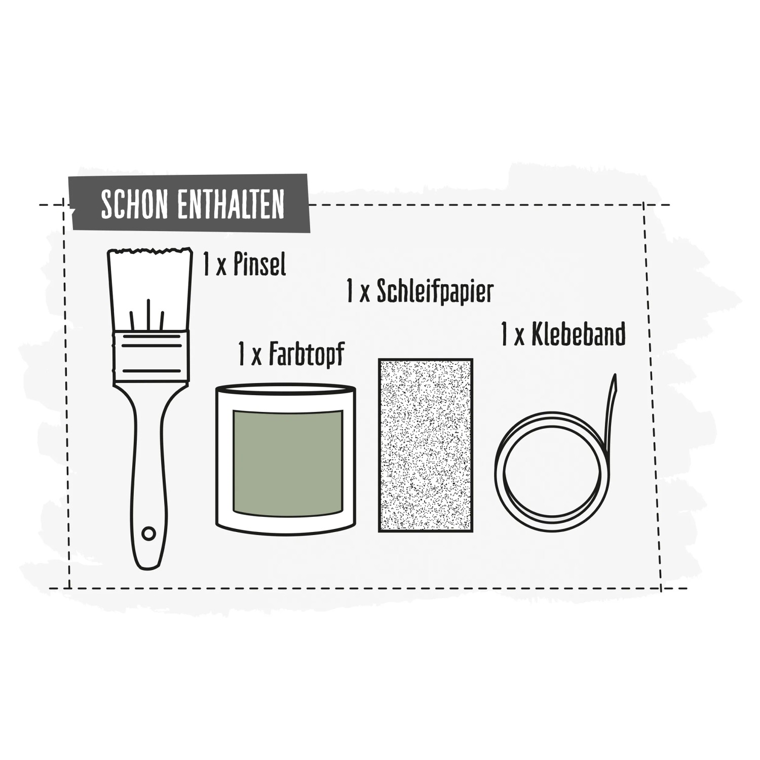 CREATE! by OBI DIY Farb-Set Khaki Grün: Pinsel, Farbtopf, Schleifpapier und Klebeband.