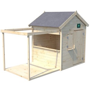Soulet Kinderspielhaus Epicerie aus naturbelassenem Holz mit Pergola und Minibar.