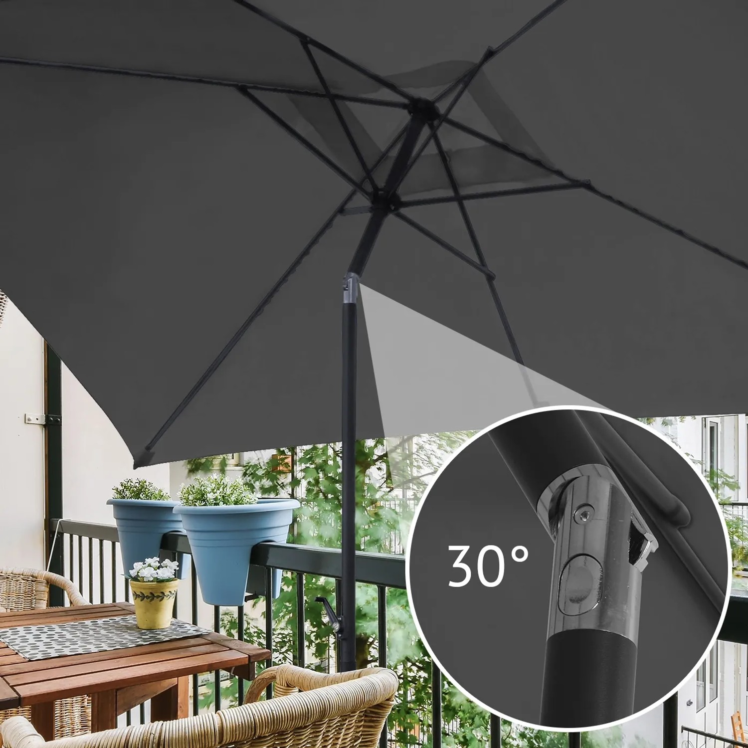 Svita Sonnenschirm Set, 3x2m, dunkelgrau, mit Schirmständer, neigbar. Ideal für Balkon und Terrasse.