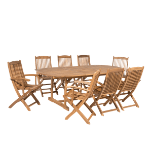 Beliani Gartentisch Set mit 8 Stühlen, helles Holz, ausziehbar, mit Schirmloch.