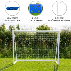 Weißes Fußballtor 2.4m x 1.8m mit Torwand, Tragetasche und Zubehör für Spiel & Spaß im Garten.