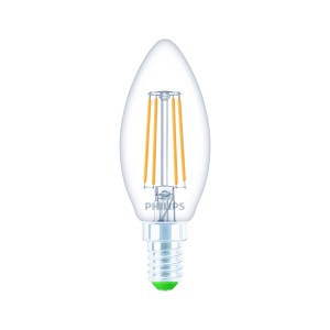 Klares Philips LED-Leuchtmittel E14 in Kerzenform, 2,3W, 485lm, 9,7x3,5cm.