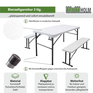 Weiße, klappbare TRUTZHOLM Bierzeltgarnitur (3-teilig) mit Tisch und Bänken für Garten und Camping.