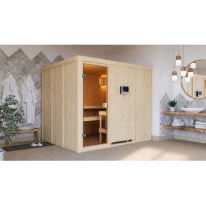 Karibu Massivholzsauna Nybro mit bronzierter Glastür und 9 kW Ofen im modernen Badezimmer.