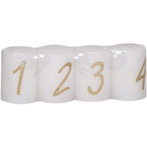 4er-Pack weiße Stumpenkerzen (80/58 mm) mit goldenen Zahlen 1-4, ideal für Adventskranz.