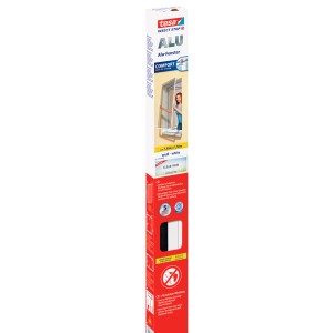 Verpackung des Tesa Fliegengitter Alu Rahmen Comfort für Fenster, 150x140cm, in Weiß.
