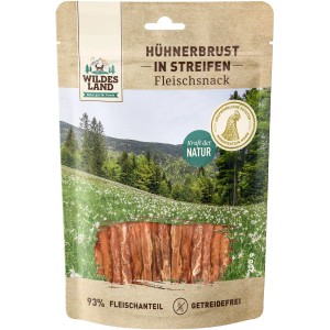 Wildes Land Hunde-Snack Hühnerbrust Streifen, 200g Packung. Hunde-Kaustreifen aus Hühnchen.