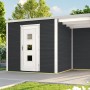 Anthrazitfarbenes Weka Holz-Gartenhaus wekaLine 413 A mit Anbau und weißer Tür.