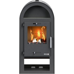 Schwarzer Kaminofen aus Stahl, 7,5 kW, mit brennendem Holz hinter Glas und Warmhaltefach. Modernes Design.