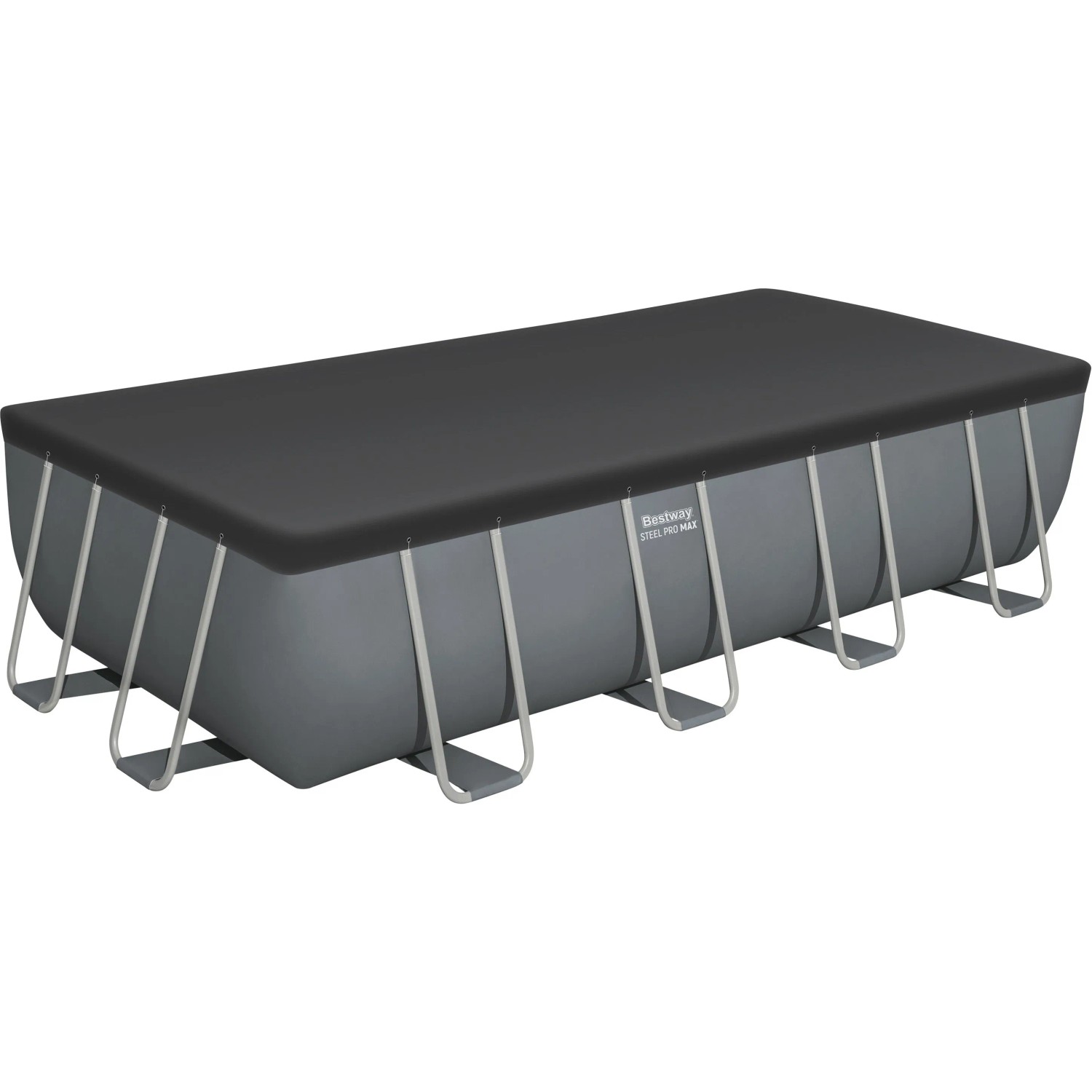 Grauer Bestway Steel Pro MAX Pool, 549x274x122 cm, eckig, mit Abdeckung.