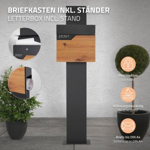 Moderner Standbriefkasten in Anthrazit mit Holzoptik und Zeitungsfach.