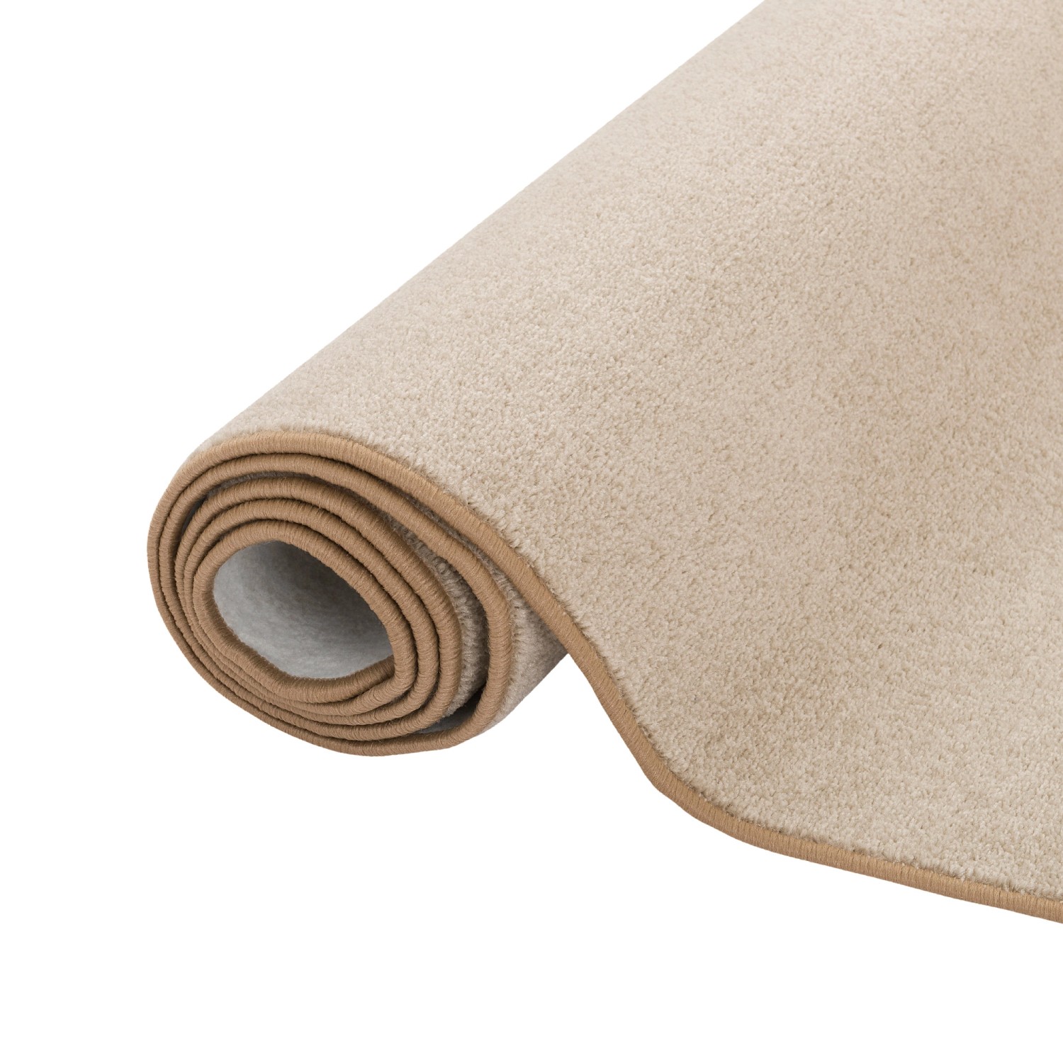 Beiger Snapstyle Trend Velours Teppich Joy, 160x200cm, gerollt mit brauner Kettelung.
