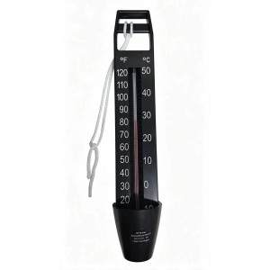 Schwarzes Summer Fun Pool Thermometer mit Celsius- und Fahrenheit-Skala und befestigter Schnur zur Wassertemperaturmessung.