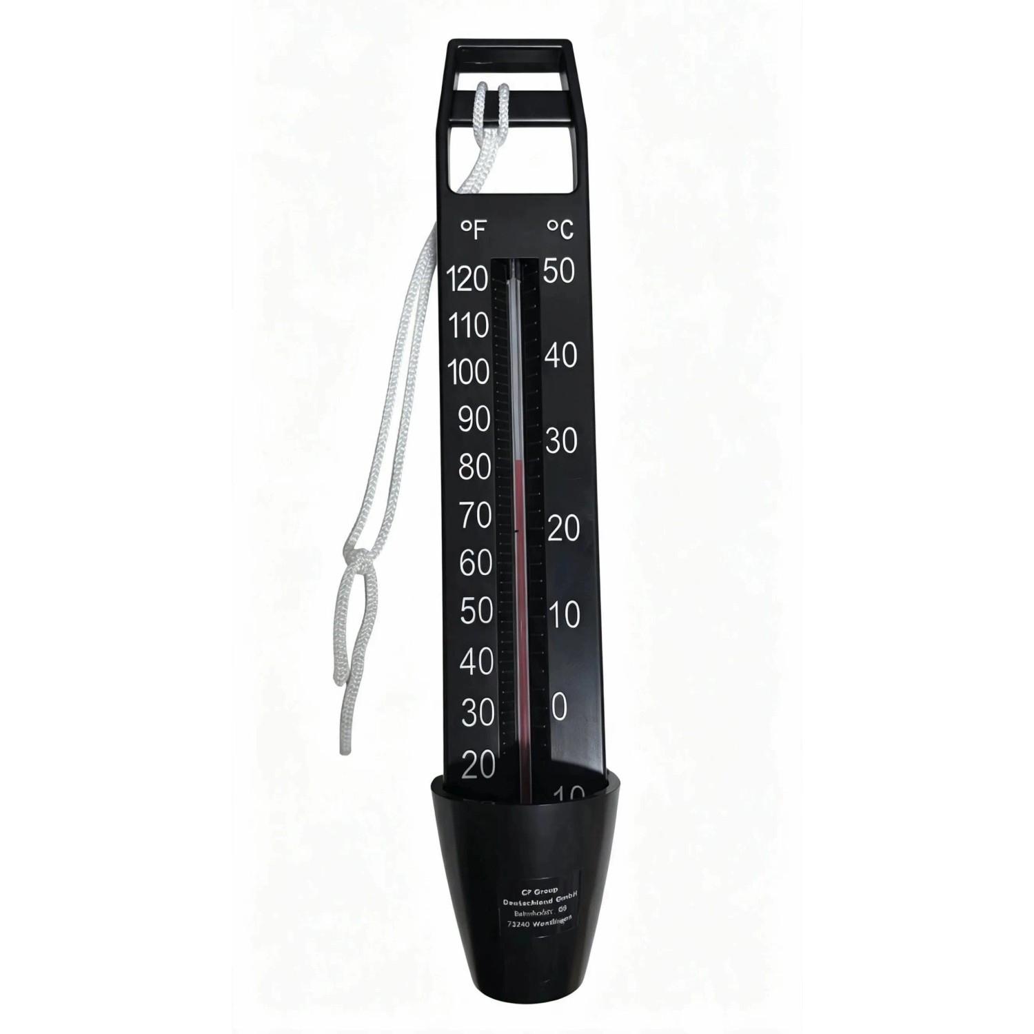Schwarzes Summer Fun Pool Thermometer mit Celsius- und Fahrenheit-Skala und befestigter Schnur zur Wassertemperaturmessung.