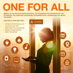 Osram Smart-WiFi-Steckdosenleiste mit Matter-Logo und Icons für Smart Home Geräte.