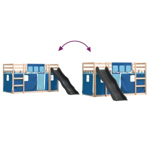 vidaXL Etagenbett mit Rutsche und blauen Vorhängen, Kiefernholz, 90x190 cm.