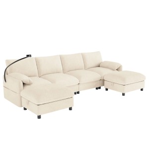 Beiges Merax Chenille Ecksofa, modular als U- oder L-Form, 6-Sitzer mit Funktionsarmlehne, USB und Hocker.