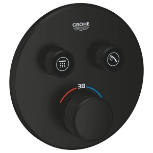 Rundes Grohe SmartControl Unterputz-Thermostat in Schwarz Matt mit drei Drehknöpfen und 38°C Temperaturanzeige.
