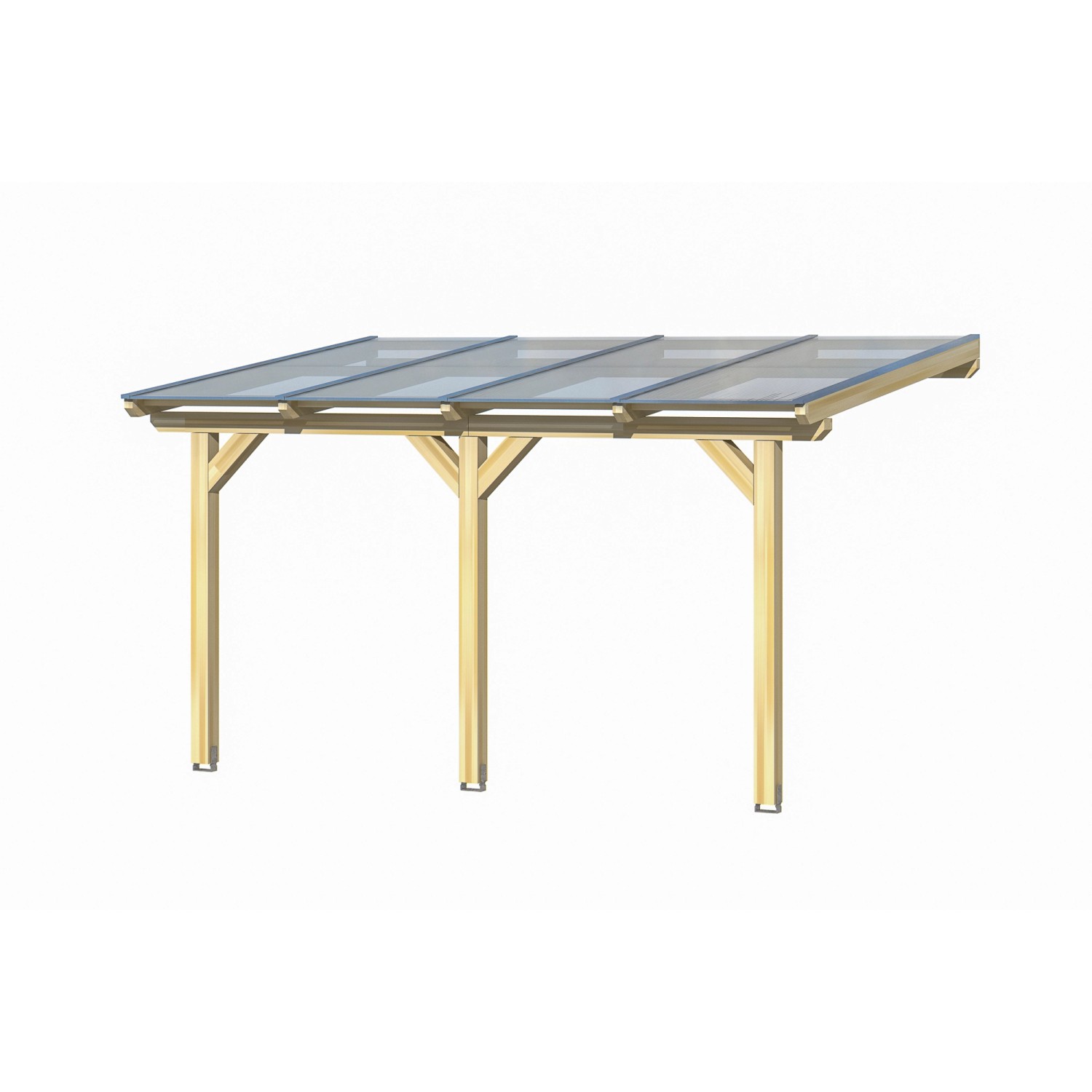 Skan Holz Terrassenüberdachung Bormio, 434x250 cm, Leimholz Natur mit klarer Polycarbonat-Dacheindeckung.