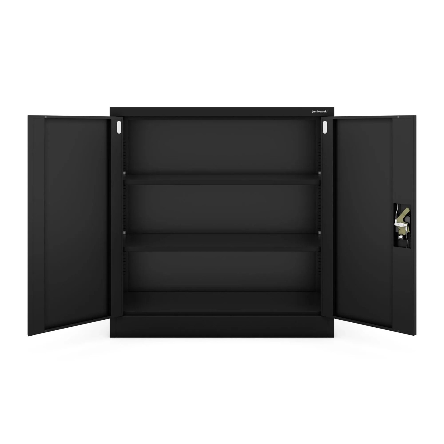 Jan Nowak Metallschrank BEATA, kleiner Büroschrank in Schwarz, mit geöffneten Türen und Einlegeböden.