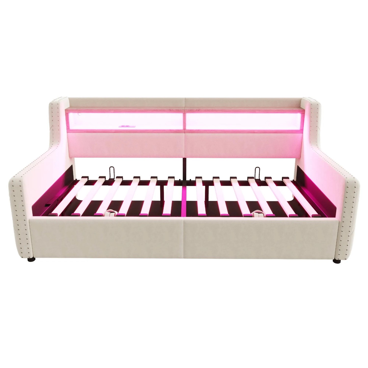 Merax Schlafsofa 90x200cm LED Stauraum Lattenrost Beige