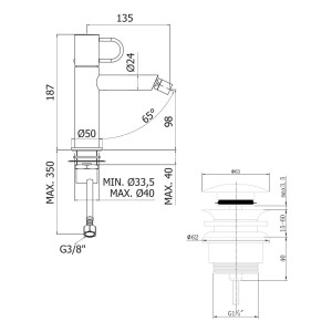 Technische Zeichnung: pianura Bidetarmatur Stella 5L, Einhebelmischer mit Ablaufventil, Maße und Details.