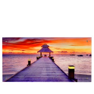 MCW Glasbild T114, 50x100cm, Steg im Sonnenuntergang. Wanddekoration mit Tiefenwirkung.