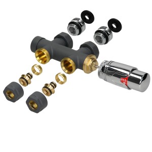 LuxeBath Ventil-Armaturen Set Multiblock Anthrazit mit Thermostat für Heizkörper.