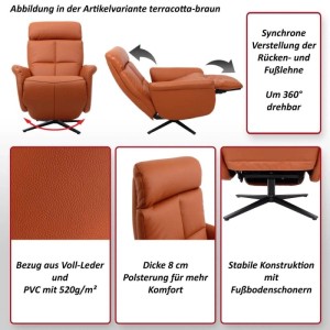 MCW Loungesessel L10 in Terracotta-Braun, neigbar, 360° drehbar, mit Lederbezug, 8cm Polsterung und stabiler Konstruktion.