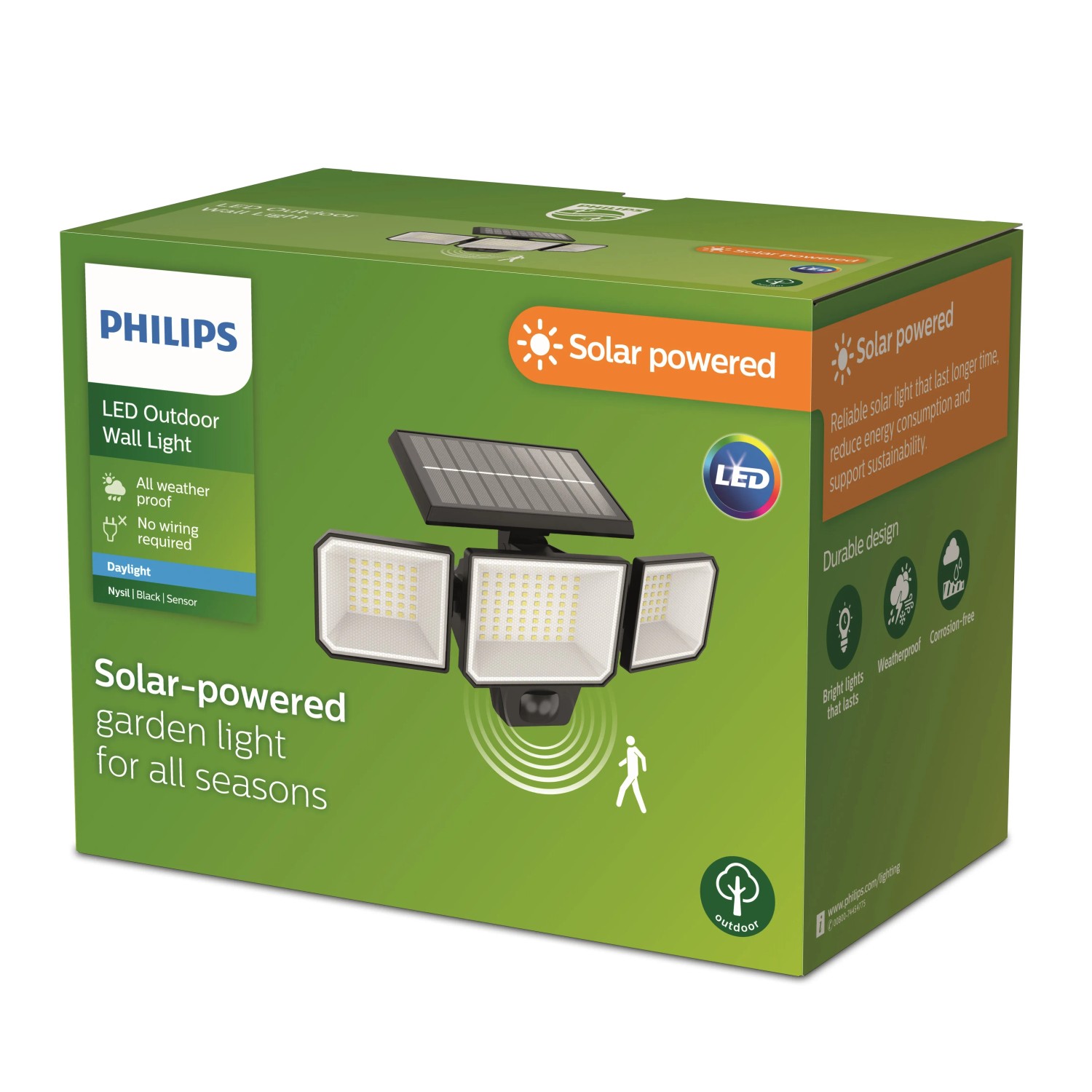 Philips Nysil Solar-Sicherheitslicht 8.7W, Solar-Wandleuchte für den Außenbereich, Schwarz.