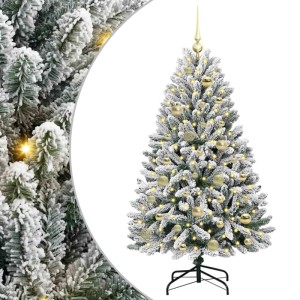 Künstlicher, schneebedeckter Weihnachtsbaum, 120 cm, mit goldenen Kugeln und warmweißen LED-Lichtern.
