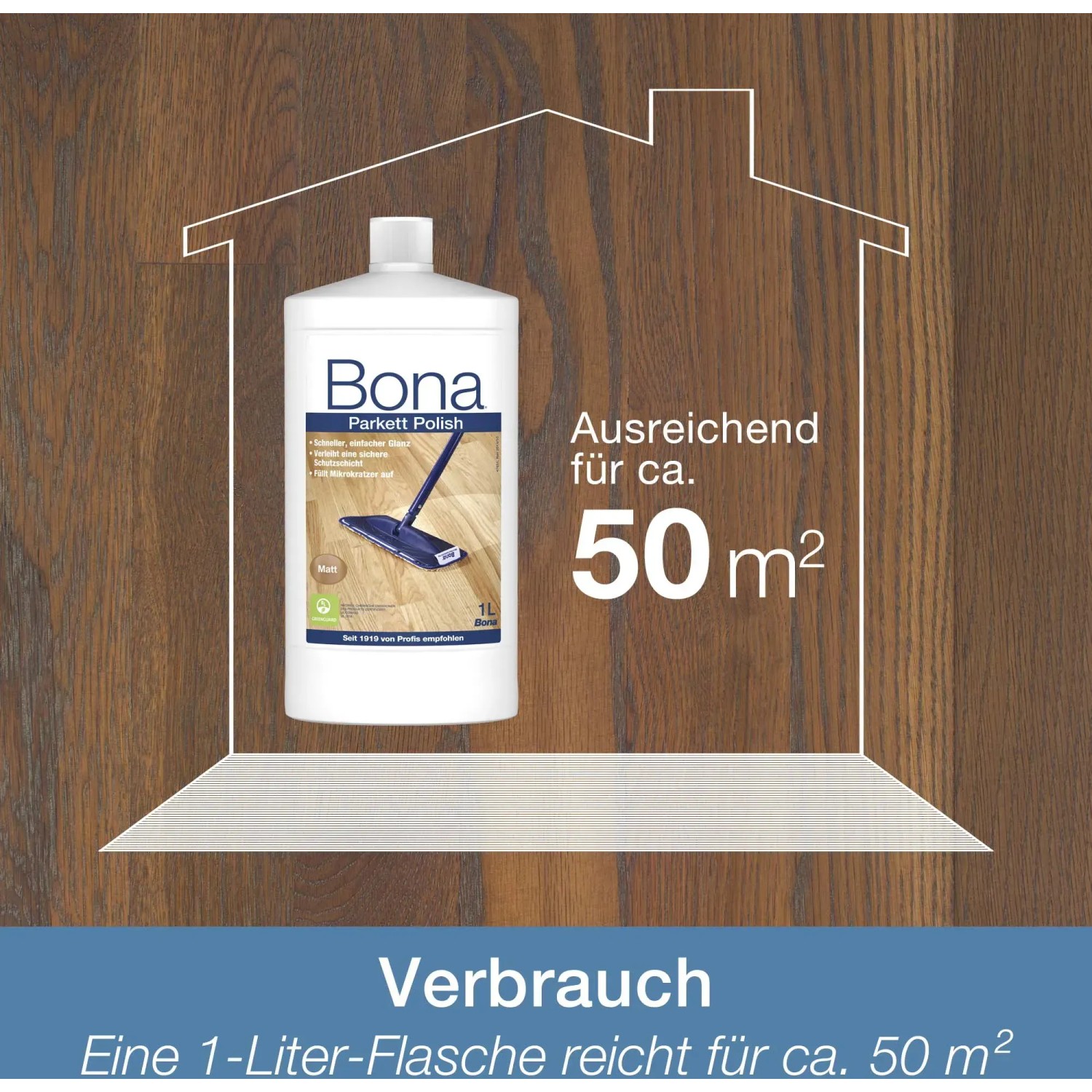 Bona Parkett Polish Matt 1 l Flasche für die Parkettpflege und Reinigung.