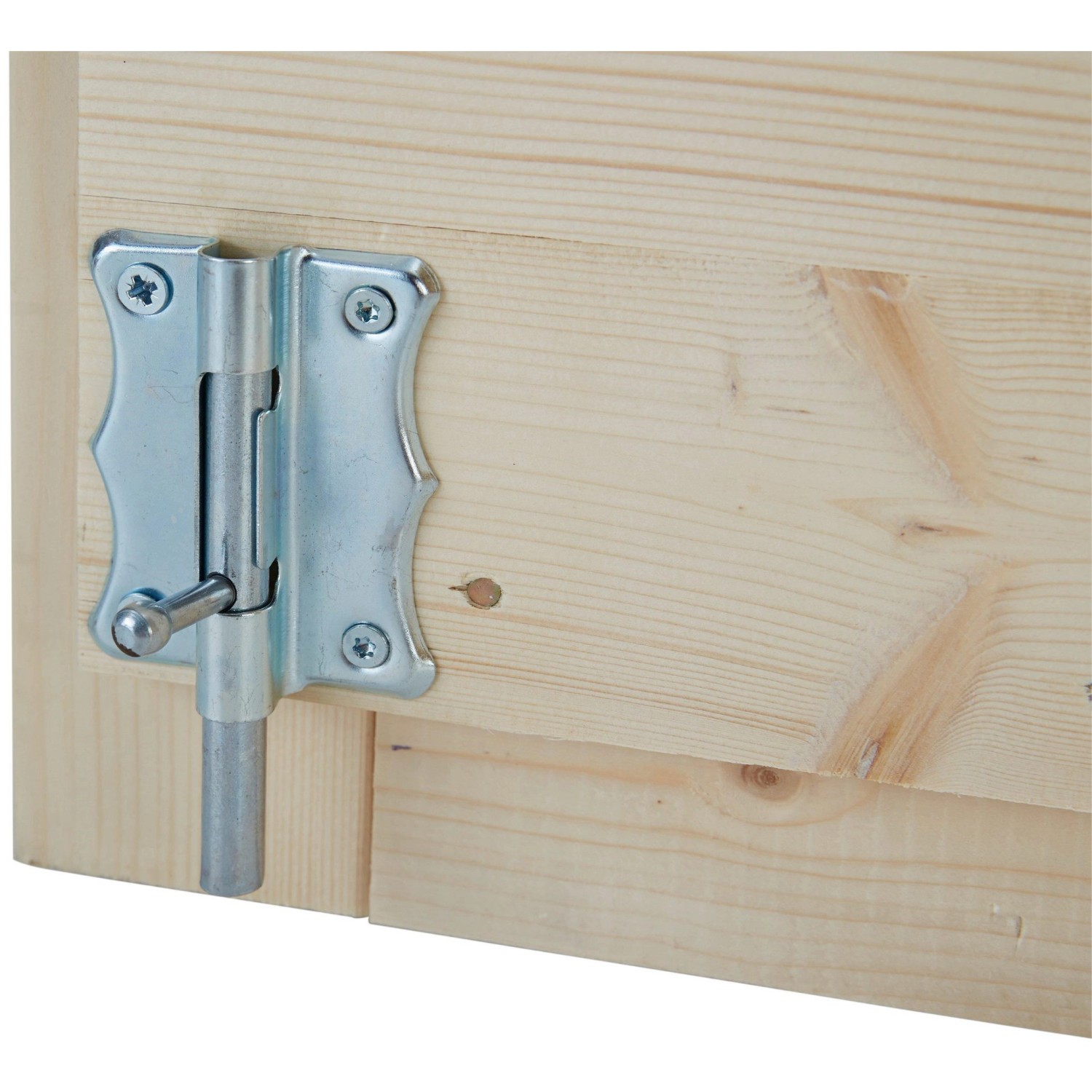 Detailaufnahme: Verschlussriegel am naturbelassenen Gartenhaus Amrum aus Holz.