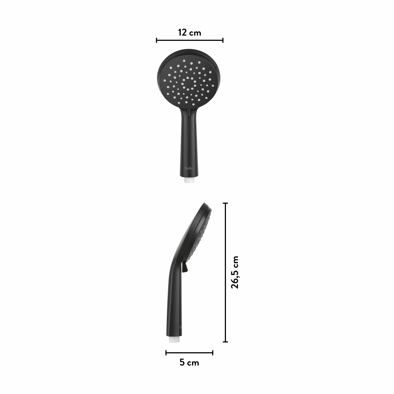 baliv Handbrause HBR-120.160, schwarz matt, mit Maßangaben. Runde Brause mit Antikalk-Noppen.