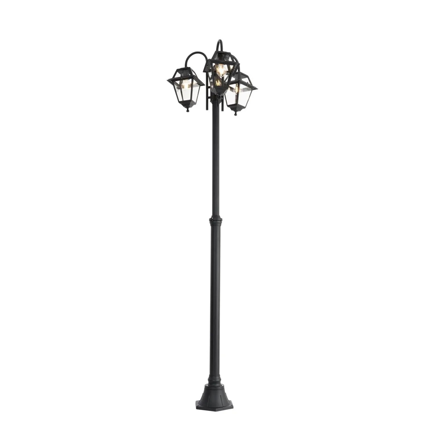 Schwarze QAZQA Außenlaterne Berta, 235cm hoch, mit 3 Leuchten für Garten und Außenbereich.