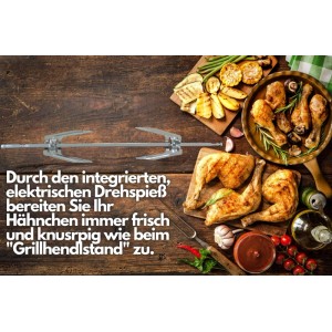 Steinborg Backofen: Drehspieß mit Hähnchen und Gemüse auf Holzbrett.