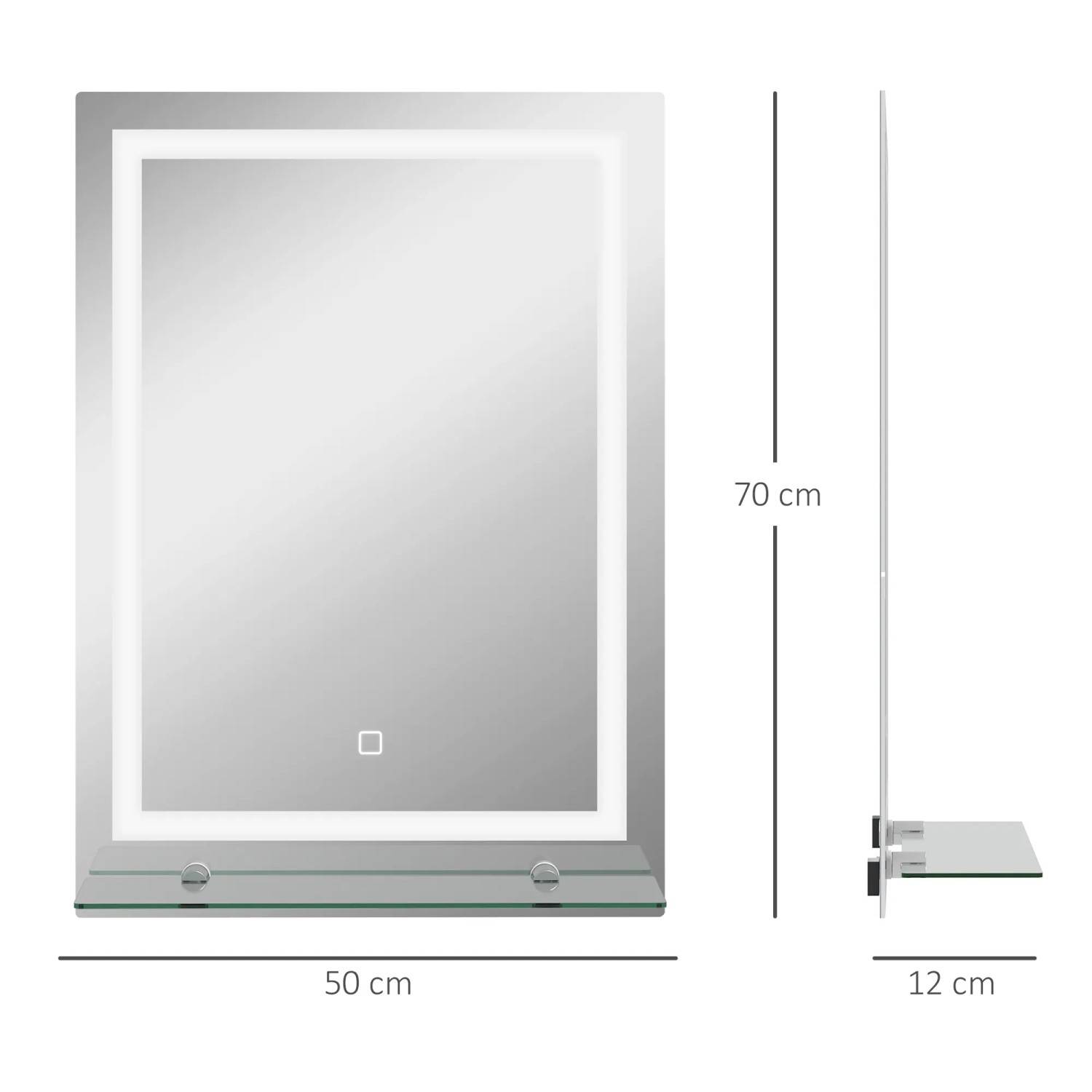 Kleankin Badspiegel mit LED-Rahmen, Ablage aus Glas und Aluminiumrahmen, Maße 50x70 cm.