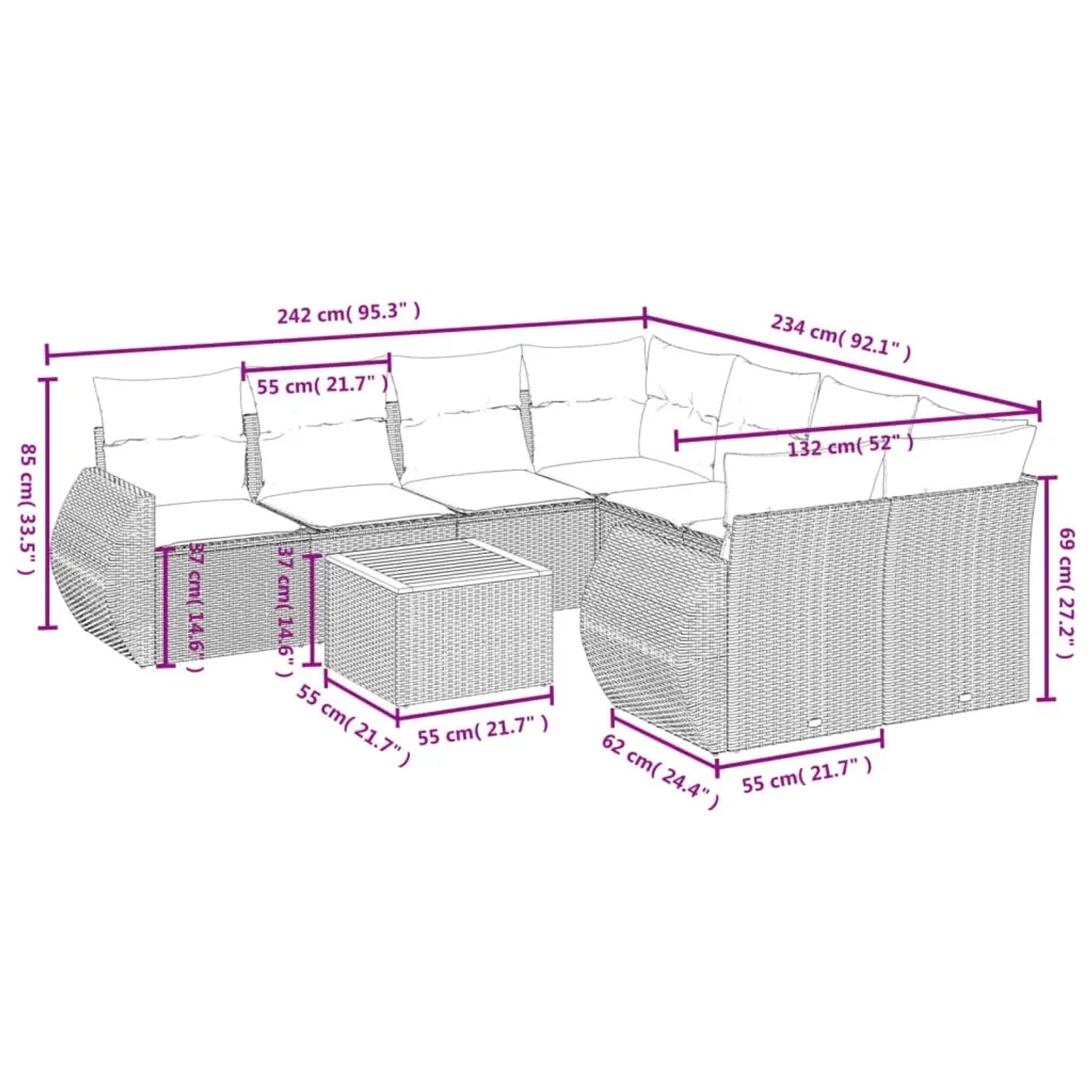 vidaXL 9-tlg. Garten-Sofagarnitur, Poly Rattan schwarz, mit Maßen. Ideal für Terrasse und Garten.