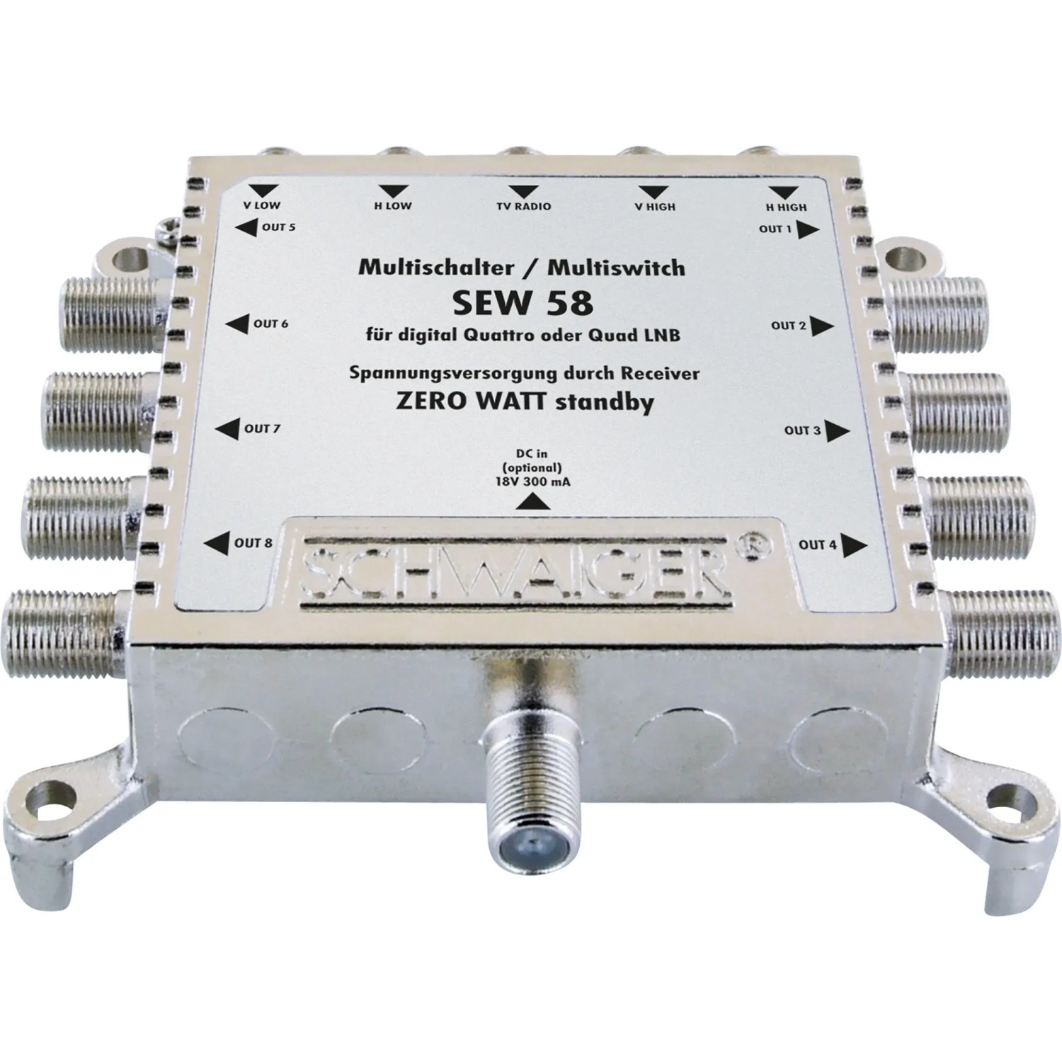 Schwaiger SAT-Multischalter 5-8 für bis zu 8 Teilnehmer, zum Verteilen von Satellitensignalen.