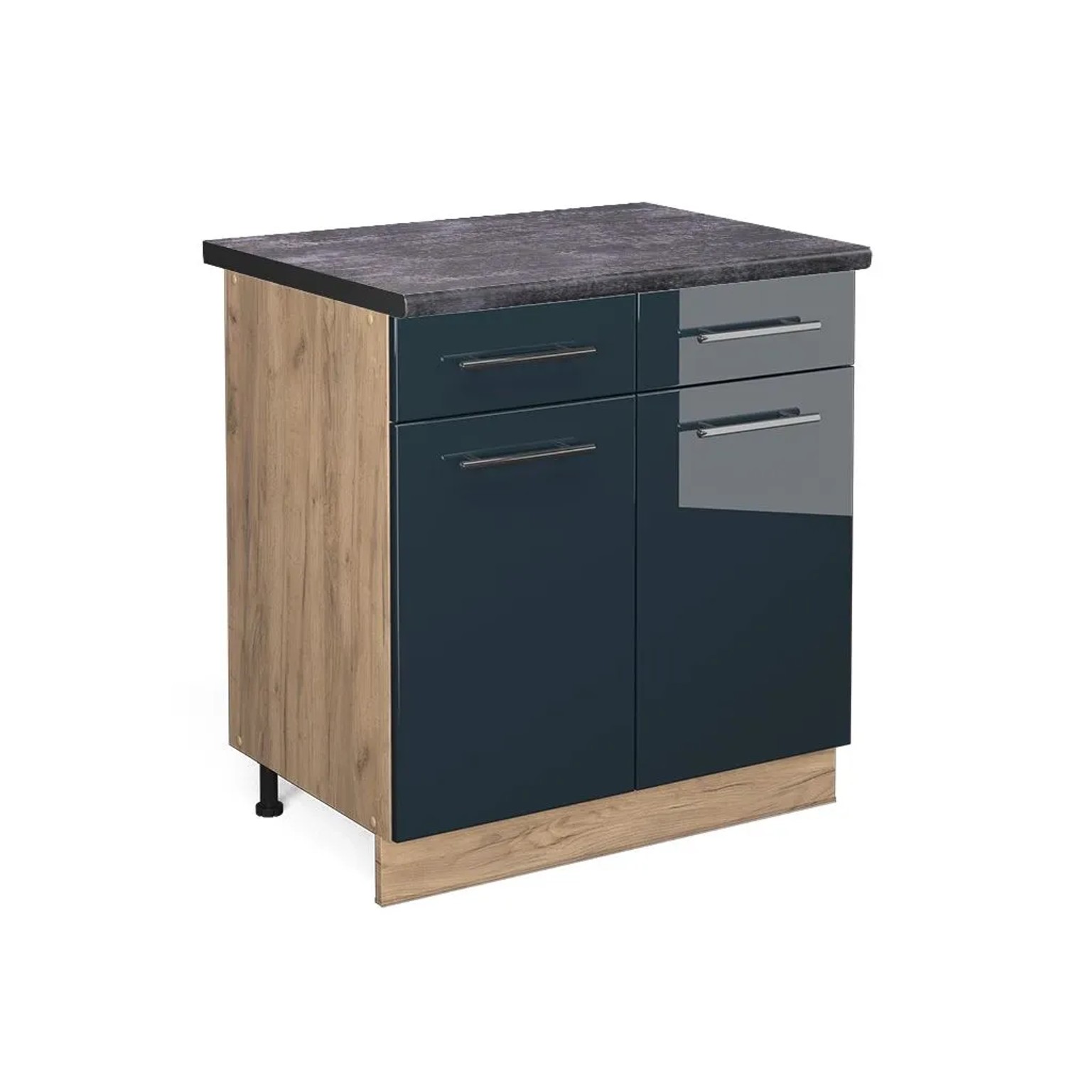 Vicco Küchenunterschrank Fame-Line DunkelBlau Hochglanz Goldkraft Eiche 80 cm AP Anthrazit