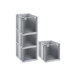 PROREGAL SuperSparSet: 4 graue Euroboxen NextGen Store, 30 Liter, mit offener Front. Aufbewahrungsboxen für Lager und Werkstatt.