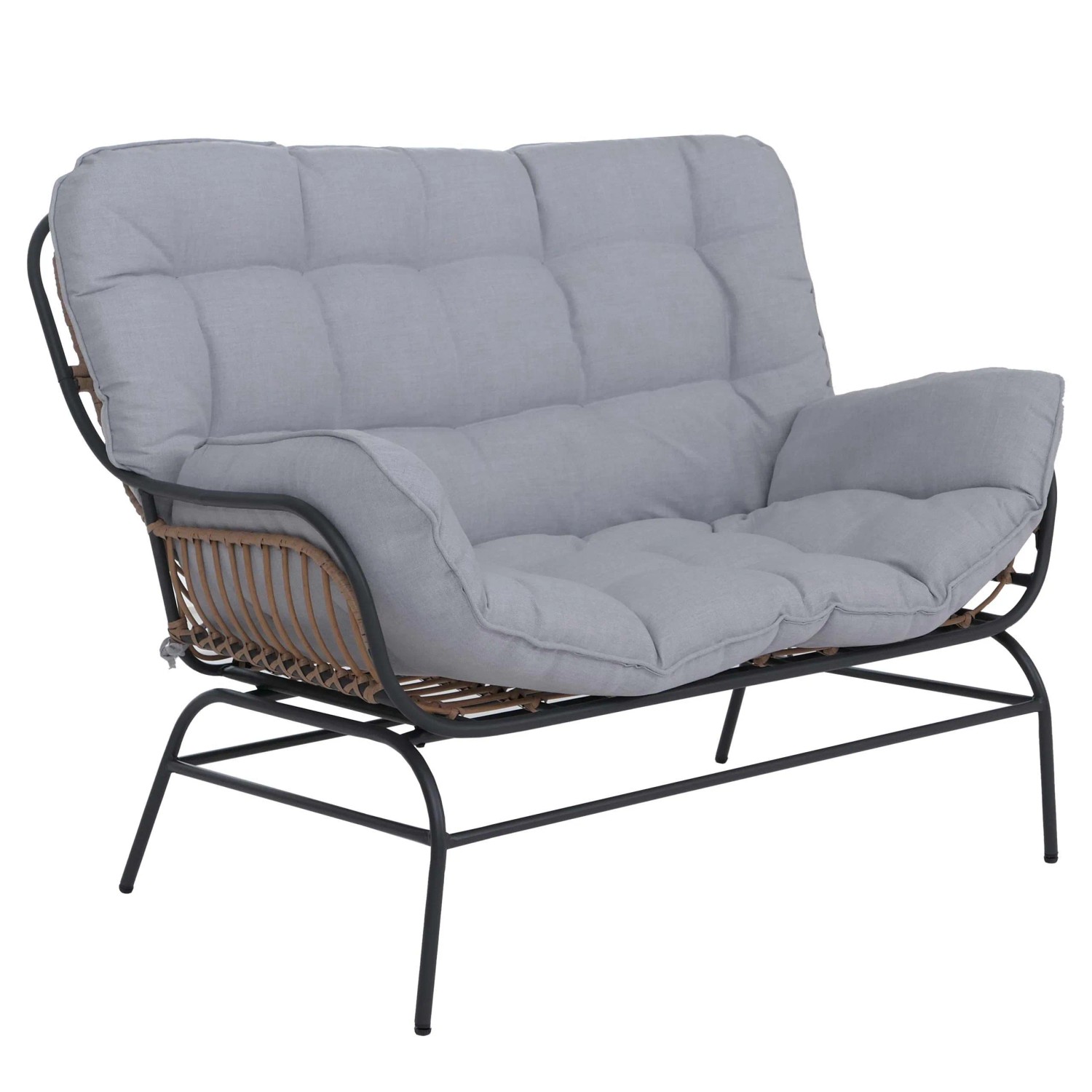 MCW 2er-Sofa P75 Gartenbank Poly-Rattan Metall Dunkelgrau Polster Hellgrau